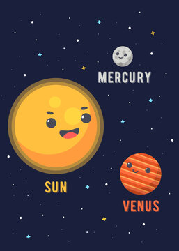 Set 3 Planet Cute Solar System, Sun Mercury & Venus. Illustrations vector graphic of the solar system in cute design cartoon style. solar system poster design for kids learning. space kids.