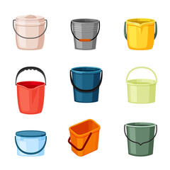 Plastic and metal buckets set. Red container for transferring liquids necessary green aluminum help household handy tools repairing and garden irrigation with sturdy handles. Cartoon vector.