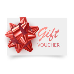 Gift Voucher template with red bow, ribbons. Design usable for gift coupon, voucher, invitation, certificate, etc. Vector eps 10 format
