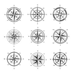 Wind rose set. Monochrome cartography symbol with orientation parts of world nautical vintage star for mariners latitude and longitude navigation measurement equipment. Vector topography.