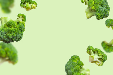 Flying fresh raw green broccoli on light green background. Creative food concept. Healthy diet...