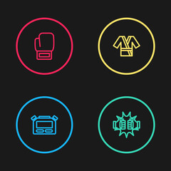 Set line Stopwatch, Punch in boxing gloves, Japanese costume Kimono and Boxing icon. Vector.