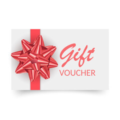 Gift Voucher template with red bow, ribbons. Design usable for gift coupon, voucher, invitation, certificate, etc. Vector eps 10 format