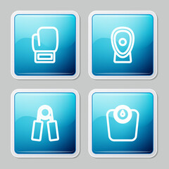 Set line Boxing glove, training paws, Sport expander and Bathroom scales icon. Vector.