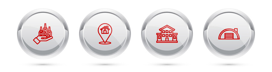 Set line Skyscraper, Location with house, House and Warehouse. Silver circle button. Vector.