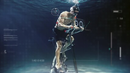 Cinematic shot of young male athlete exercising on stationary cycling machine with latest innovative technology augmented reality holograms underwater. Concept of sport, fitness, immersive technology. - Powered by Adobe