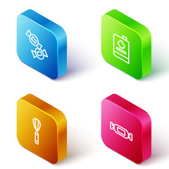 Set Isometric line Candy, Cookbook, Kitchen whisk and icon. Vector.