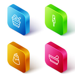 Set Isometric line Ice cream in bowl, , Pudding custard and Mortar and pestle icon. Vector.