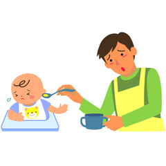 離乳食を嫌がる男の赤ちゃんと父親
