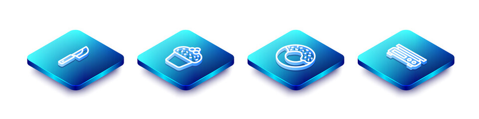 Set Isometric line Knife, Cake, Donut and Electronic scales icon. Vector.