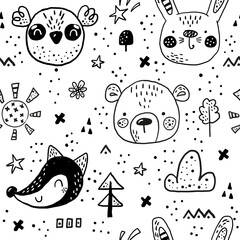Seamless pattern with Cartoon characters scandinavian bear, fox, owl, rabbit. Hand drawn seamless pattern with triangles on white background.