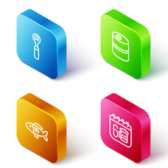 Set Isometric line Bottle opener, Metal beer keg, Dried fish and Saint Patricks day calendar icon. Vector.