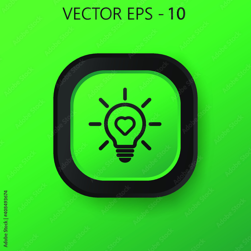 Poster heart shape in a light bulb icon vector. black square button on green background. vecor ilustrator.