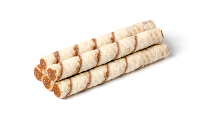 Sweet chocolate waffle rolls isolated on white background.