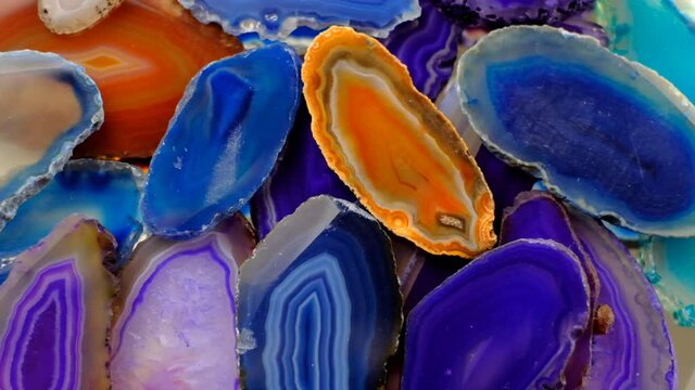Agate stones slices background. Agates multicolored set. Texture of natural stone agate
