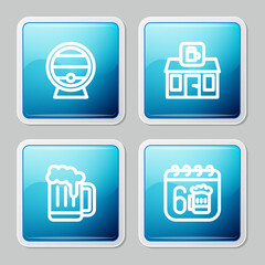 Set line Wooden barrel on rack, Store building of beer shop, mug and Saint Patricks day calendar icon. Vector.