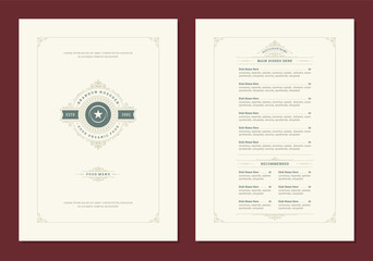 Menu design template with cover and restaurant vintage logo vector brochure.