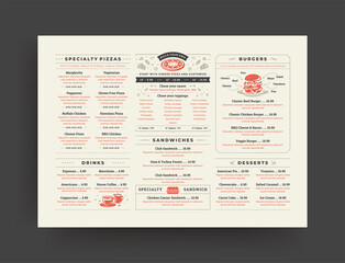 Pizza restaurant menu layout design brochure or food flyer template vector illustration.