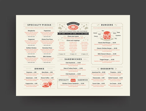 Pizza restaurant menu layout design brochure or food flyer template vector illustration.