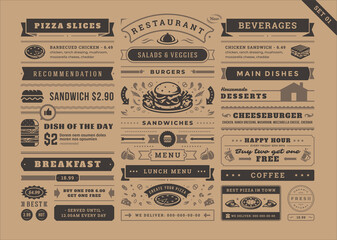 Restaurant menu typographic decoration design elements set vintage and retro style vector illustration. - obrazy, fototapety, plakaty
