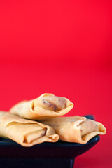 Fried spring rolls, a snack at the beginning of spring in China, on the background with blank vertical composition