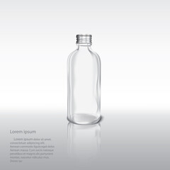 Clear glass bottle and metal bottle cap on light color background