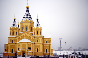 Nizhny Novgorod, Russia. January 5, 2021: Alexander Nevsky Cathedral in Nizhny Novgorod in winter, Russia.