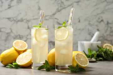 Fototapeta premium Natural lemonade with mint and fresh fruits on light grey table. Summer refreshing drink