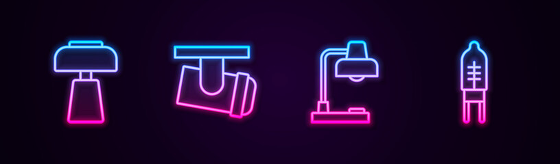 Set line Table lamp, Led track lights and lamps, and Light emitting diode. Glowing neon icon. Vector.