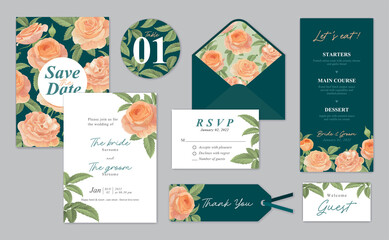 Rose flower background template on dark background. Vector set of floral element for wedding invitations, greeting card, envelope, voucher, brochures and banners design.