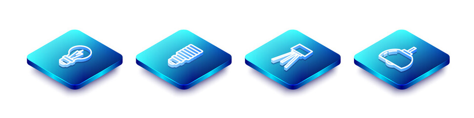 Set Isometric line Light bulb, LED light, Floor lamp and Chandelier icon. Vector.