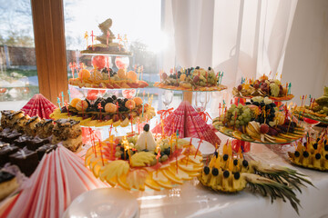 Many fresh fruits on buffet table at the celebration