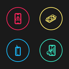 Set line Glass screen protector, , Mobile with broken and exclamation mark icon. Vector.