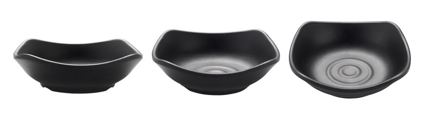 Black ceramic dish isolated on white background.