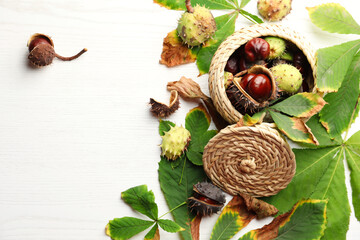 Horse chestnuts and wicker basket on white wooden table, flat lay. Space for text