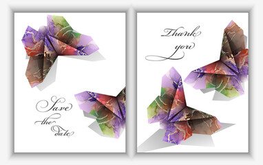Modern creative design, background  with  butterflies  marble texture. Wedding invitation. Alcohol ink. Vector illustration.