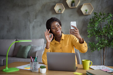Photo of happy dark skin woman make okey sign hold talk phone online meeting sit office desk...