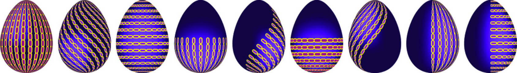 set of 3D colorful eggs in a row decorated with dotted line, isolated on a white background, egg for Easter celebration 