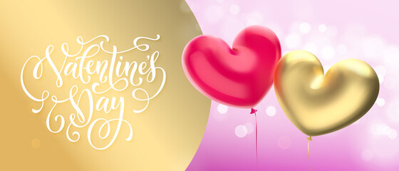 Fototapeta na wymiar Gold Valentine's day sale banner background. Valentines day golden heart balloon on pink bokeh background. Web site banner or greeting card concept