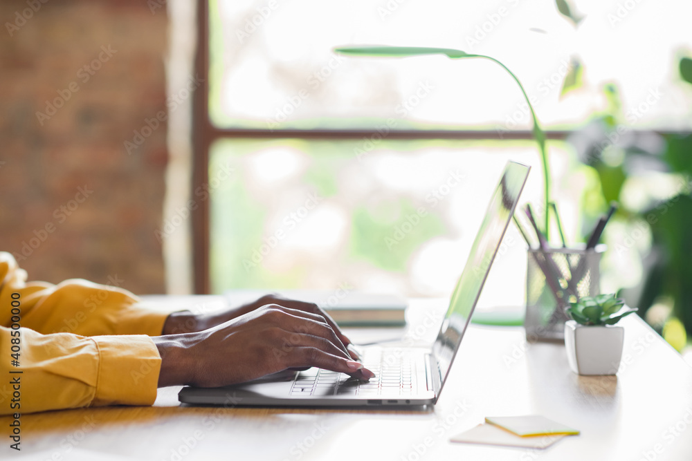 Poster Profile photo of girl hands typing on laptop table wear yellow shirt at home