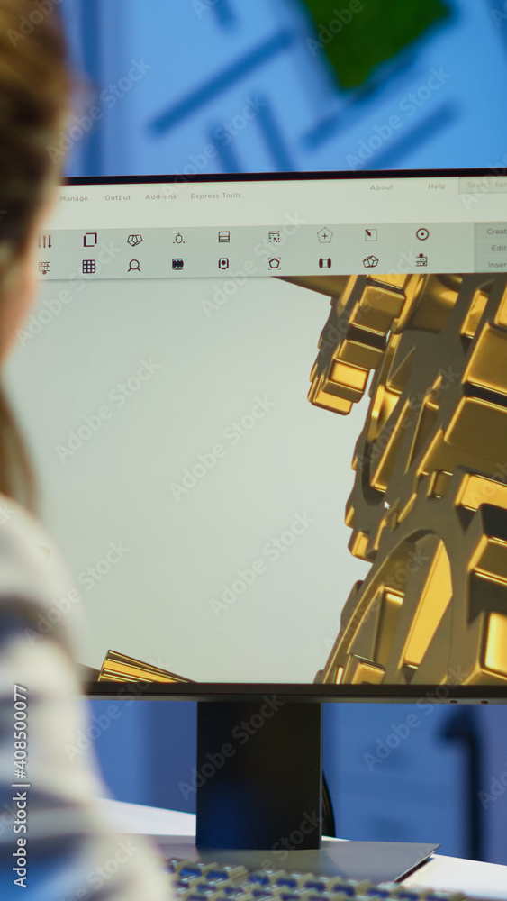 Poster focused woman architect working at new project using computer doing overtime at night sitting at des