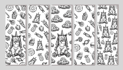 Vector set of Unicorns and sweets pattern. Unicorns bookmarks. Hand drawn illustration.