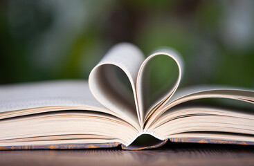 The heart shape of the opened page of the previous book on the green background