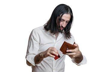 A man with long hair and a beard in a white shirt with an open wallet in his hands on a white background. Manifestation of various emotions. 