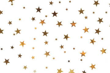 Star shaped golden confetti on white background, top view
