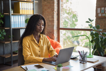 Photo of dark skin focused young woman job in finance write laptop sit desk workstation indoors...