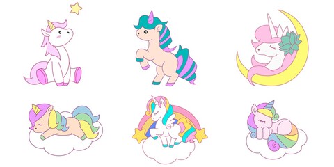 Set of cute cartoon unicorns isolated on white background