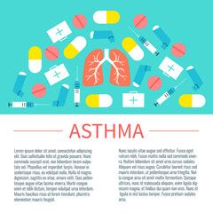 Asthma infographic design template with place for text. Asthma treatment symbols-inhalers, pills, syringes and first aid boxes. Respiratory system disease poster. Vector illustration.
