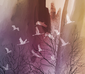 Stylized composition with a flock of white cranes flying over the trees. Watercolor background, vector illustration, warm colors