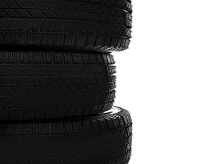 Set of new winter tires on white background, closeup